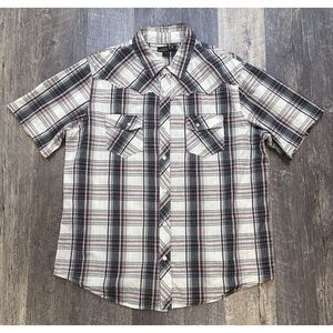 Helix Button Up Shirt Mens Size XL Western Black Plaid‎ Pearl Snap Short Sleeve